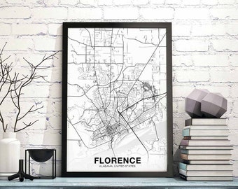FLORENCE Alabama AL USA map poster black white Hometown City Print Modern Home Decor Office Decoration Wall Art Dorm Bedroom Gift