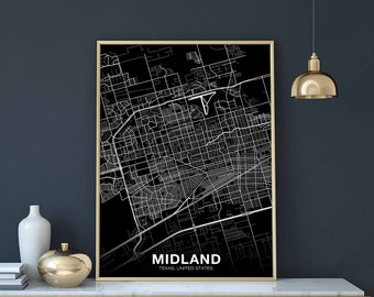 MIDLAND Texas TX USA map poster black white Hometown City Print Modern Home Decor Office Decoration Wall Art Dorm Bedroom Gift