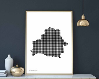 BYELARUS minimal dots retro map poster black white wall decor design modern swiss scandinavian nordic housewarming travel
