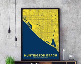 HUNTINGTON BEACH California CA us map poster color Hometown City Print Modern Home Decor Office Decoration Wall Art Dorm Bedroom Gift