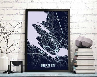 BERGEN Norway Norge map poster color Hometown City Print Modern Home Decor Office Decoration Wall Art Dorm Bedroom Gift