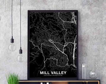 MILL VALLEY California CA usa map poster black white Hometown City Print Modern Home Decor Office Decoration Wall Art Dorm Bedroom Gift