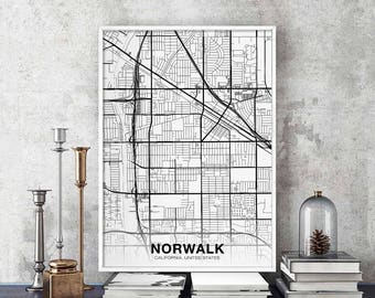 NORWALK California CA usa map poster black white  Hometown City Print Modern Home Decor Office Decoration Wall Art Dorm Bedroom Gift
