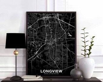 LONGVIEW Texas TX USA map poster black white Hometown City Print Modern Home Decor Office Decoration Wall Art Dorm Bedroom Gift