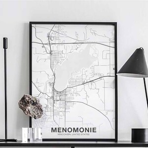 MENOMONIE Wisconsin WI usa carte affiche noir blanc ville natale ville impression moderne décor à la maison bureau décoration mur art dortoir chambre cadeau