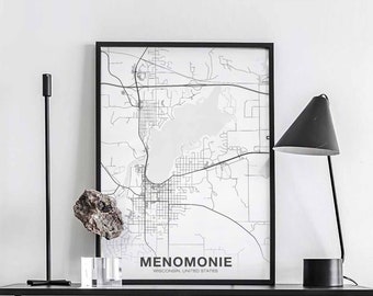 MENOMONIE Wisconsin WI usa map poster black white Hometown City Print Modern Home Decor Office Decoration Wall Art Dorm Bedroom Gift