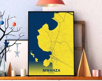 MWANZA Tanzania map poster color Hometown City Print Modern Home Decor Office Decoration Wall Art Dorm Bedroom Gift