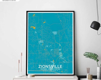 ZIONSVILLE Indiana USA map poster black white Hometown City Print Modern Home Decor Office Decoration Wall Art Dorm Bedroom Gift