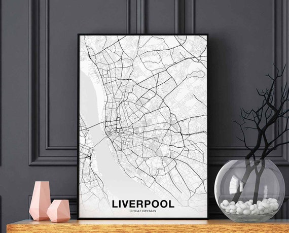 Liverpool Great Britain Uk Map Poster Black White Wall Decor Design Modern Swiss Scandinavian Minimal Nordic Housewarming Travel Bedroom