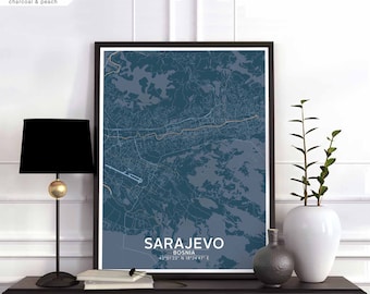 SARAJEVO Bosnia map poster black white wall decor design modern scandinavian minimal nordic housewarming travel bedroom