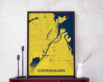 COPENHAGEN Denmark map poster color Hometown City Print Modern Home Decor Office Decoration Wall Art Dorm Bedroom Gift