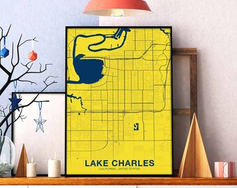 LAKE CHARLES California CA usa map poster color Hometown City Print Modern Home Decor Office Decoration Wall Art Dorm Bedroom Gift