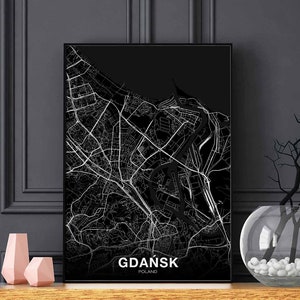 GDAŃSK GDANSK Polen Karte Poster schwarz weiß Heimatstadt Stadt Print Modernes Wohndekor Büro Dekoration Wand Kunst Wohnheim Schlafzimmer Geschenk