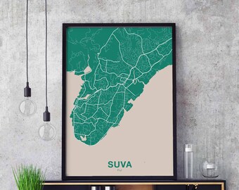 SUVA Fiji map poster color Hometown City Print Modern Home Decor Office Decoration Wall Art Dorm Bedroom Gift