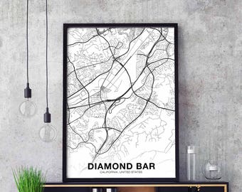 DIAMOND BAR California CA usa map poster black white Hometown City Print Modern Home Decor Office Decoration Wall Art Dorm Bedroom Gift
