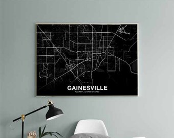 GAINESVILLE Florida FL USA map poster black white Hometown City Print Modern Home Decor Office Decoration Wall Art Dorm Bedroom Gift