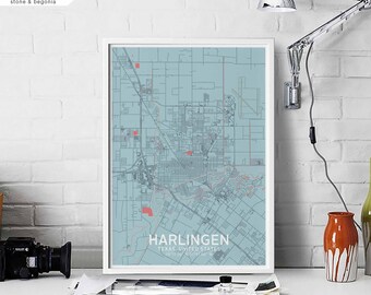 HARLINGEN Texas usa map poster black white Hometown City Print Modern Home Decor Office Decoration Wall Art Dorm Bedroom Gift