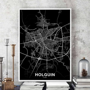 HOLGUIN Cuba carte affiche noir blanc ville natale ville impression moderne décor à la maison bureau décoration mur art dortoir chambre cadeau