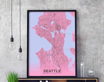 SEATTLE Washington WA US map poster color Hometown City Print Modern Home Decor Office Decoration Wall Art Dorm Bedroom Gift