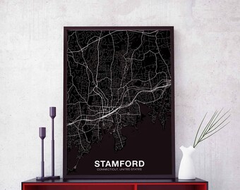 STAMFORD Connecticut CT US map poster black white Hometown City Print Modern Home Decor Office Decoration Wall Art Dorm Bedroom Gift