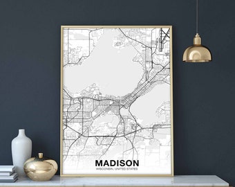 MADISON Wisconsin WI USA map poster black white Hometown City Print Modern Home Decor Office Decoration Wall Art Dorm Bedroom Gift