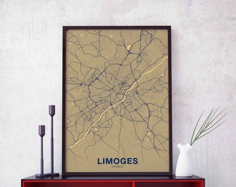 LIMOGES France map poster colors Hometown City Print Modern Home Decor Office Decoration Wall Art Dorm Bedroom Gift