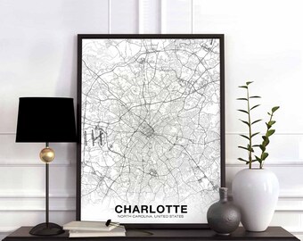 CHARLOTTE North Carolina NC USA map poster black white Hometown City Print Modern Home Decor Office Decoration Wall Art Dorm Bedroom Gift