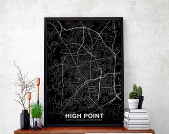 HIGH POINT North Carolina NC usa map poster black white Hometown City Print Modern Home Decor Office Decoration Wall Art Dorm Bedroom Gift