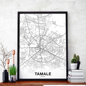 TAMALE Ghana carte affiche noir blanc ville natale ville impression moderne décor à la maison bureau décoration mur art dortoir chambre cadeau