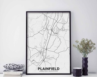 PLAINFIELD Connecticut CT USA map poster black white Hometown City Print Modern Home Decor Office Decoration Wall Art Dorm Bedroom Gift
