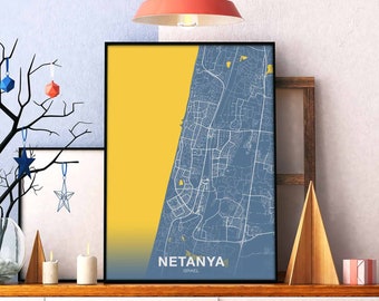 NETANYA Israel map poster color Hometown City Print Modern Home Decor Office Decoration Wall Art Dorm Bedroom Gift