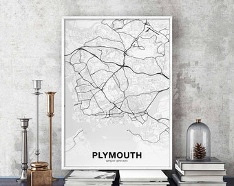 PLYMOUTH Great Britain UK map poster black white Hometown City Print Modern Home Decor Office Decoration Wall Art Dorm Bedroom Gift
