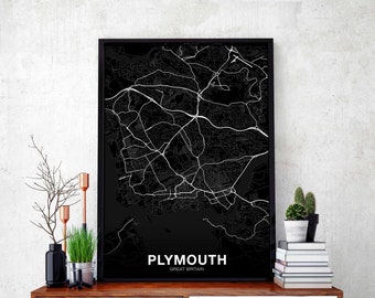 PLYMOUTH Great Britain UK map poster black white Hometown City Print Modern Home Decor Office Decoration Wall Art Dorm Bedroom Gift