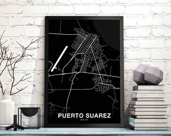 PUERTO SUAREZ Bolivia map poster black white Hometown City Print Modern Home Decor Office Decoration Wall Art Dorm Bedroom Gift