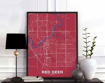 RED DEER Canada map poster color Hometown City Print Modern Home Decor Office Decoration Wall Art Dorm Bedroom Gift