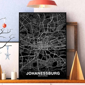 JOHANNESBURG afrique du sud carte affiche noir blanc ville natale ville impression moderne décor à la maison bureau décoration mur art dortoir chambre cadeau