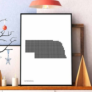 NEBRASKA Landkarte des US Bundesstaates Pünktchen Retro Plakat schwarz weiß Wand Dekor Design modern schweizer skandinavisch nordisch Einweihungsparty