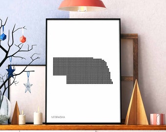 NEBRASKA US state minimal dots retro map poster black white wall decor design modern swiss scandinavian nordic housewarming travel