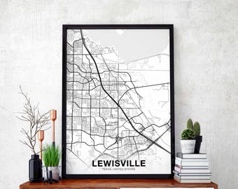 LEWISVILLE Texas TX USA map poster black white  Hometown City Print Modern Home Decor Office Decoration Wall Art Dorm Bedroom Gift