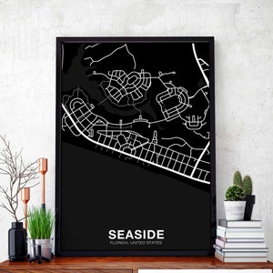 SEASIDE Florida FL usa Karte Poster schwarz weiß Hometown City Druck Modernes Wohndekor Büro Dekoration Wand Kunst Wohnheim Schlafzimmer Geschenk