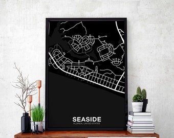 SEASIDE Florida FL usa map poster black white Hometown City Print Modern Home Decor Office Decoration Wall Art Dorm Bedroom Gift