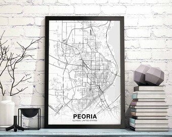 PEORIA Illinois IL USA map poster black white Hometown City Print Modern Home Decor Office Decoration Wall Art Dorm Bedroom Gift