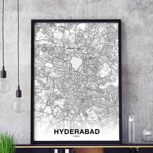 HYDERABAD inde carte affiche noir blanc ville natale ville impression moderne décor à la maison bureau décoration mur art dortoir chambre cadeau