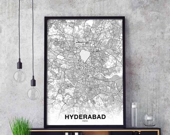 HYDERABAD India map poster black white Hometown City Print Modern Home Decor Office Decoration Wall Art Dorm Bedroom Gift