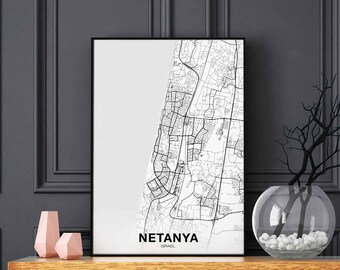 NETANYA Israel map poster black white Hometown City Print Modern Home Decor Office Decoration Wall Art Dorm Bedroom Gift