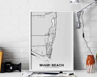 MIAMI BEACH Florida FL usa map poster black white Hometown City Print Modern Home Decor Office Decoration Wall Art Dorm Bedroom Gift
