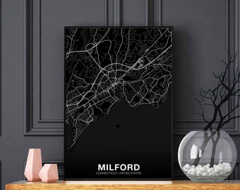 MILFORD Connecticut CT USA map poster black white Hometown City Print Modern Home Decor Office Decoration Wall Art Dorm Bedroom Gift