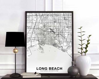 LONG BEACH California CA usa map poster black white Hometown City Print Modern Home Decor Office Decoration Wall Art Dorm Bedroom Gift