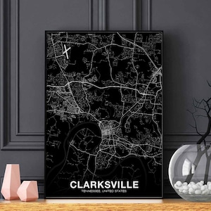 CLARKSVILLE Tennessee TN USA map poster black white Hometown City Print Modern Home Decor Office Decoration Wall Art Dorm Bedroom Gift