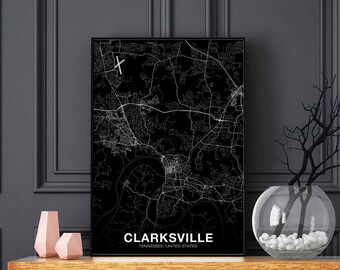 CLARKSVILLE Tennessee TN USA map poster black white Hometown City Print Modern Home Decor Office Decoration Wall Art Dorm Bedroom Gift